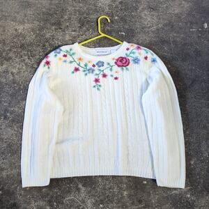 Vintage Alfred Dunner Sweater Womens L White Floral Embroidered Cottage Knit
